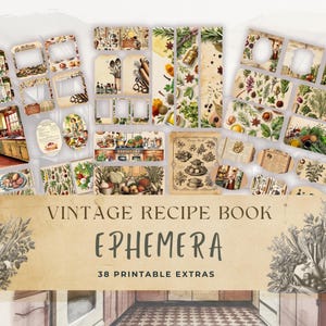 Vintage Recipe Cookbook Junk Journal Ephemera Kit | Retro Cooking Printable | Nostalgic Kitchen Scrapbook Ephemera Old Cook Book Card Extra