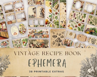 Vintage Recipe Cookbook Junk Journal Ephemera Kit | Retro Cooking Printable | Nostalgic Kitchen Scrapbook Ephemera Old Cook Book Card Extra