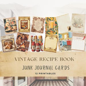 Vintage Recipe Book Junk Journal Cards | Retro Kitchen Recipe Card | Scrapbook & Vintage Cookbook Printable | Unique Recipe Ephemera