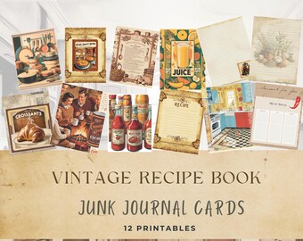 Tarjetas de diario basura con recetas antiguas / Tarjetas de recetas de cocina retro / Álbum de recortes y libro de cocina antiguo imprimible / Recetas únicas efímeras