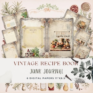 Páginas de diário de lixo de livro de receitas vintage | Folhas de receitas digitais | Imprimíveis de cozinha rústica | Ephemera de livro de receitas Shabby Chic
