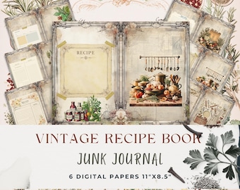 Vintage Recipe Book Junk Journal Pages | Digital Recipe Sheets | Rustic Kitchen Printables | Shabby Chic Cookbook Ephemera
