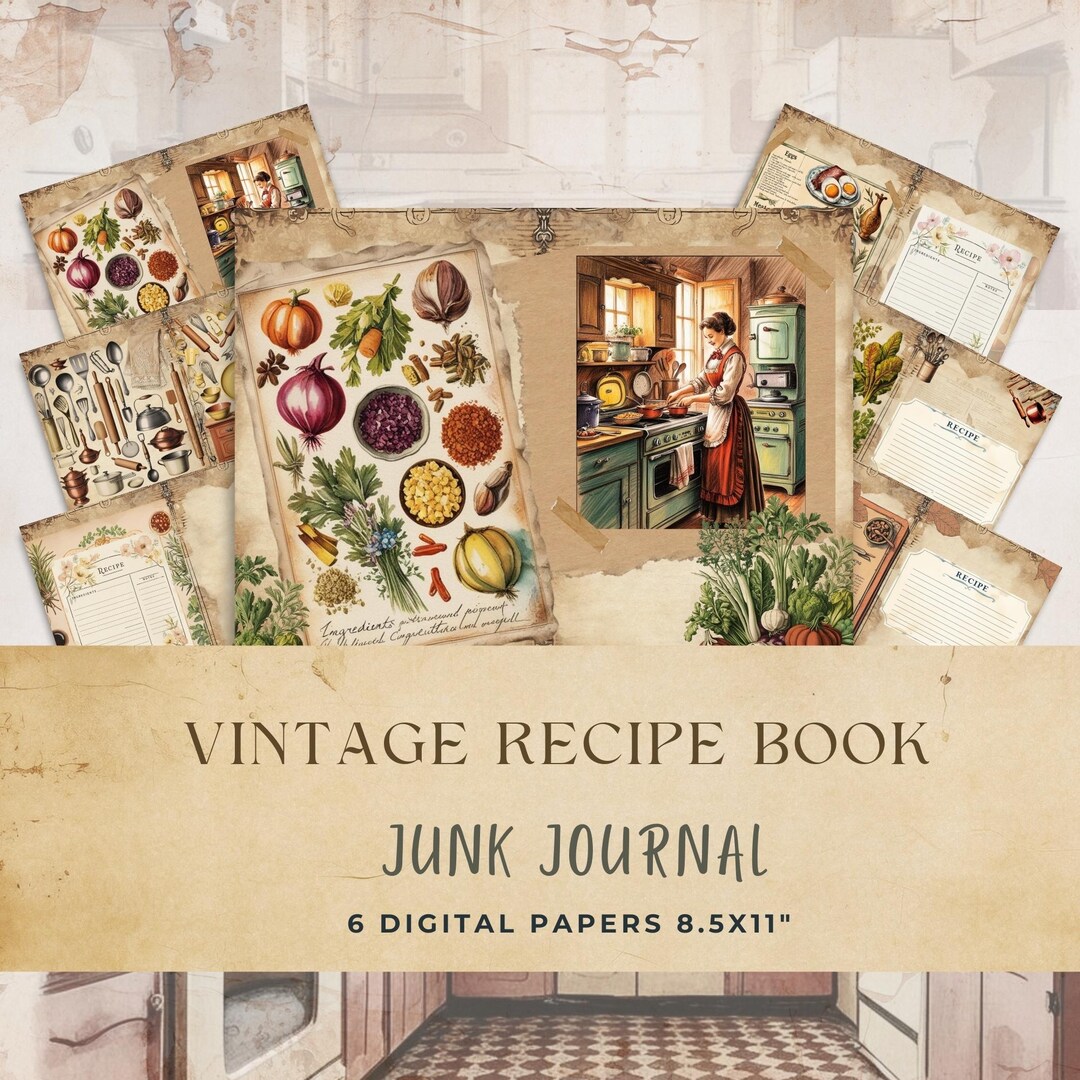 Vintage Recipe Book Junk Journal Pages | Printable Junk Journal Kit | Retro Cookbook Pages ...