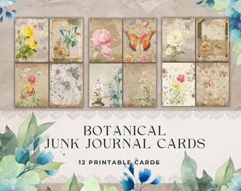 Tarjetas de diario botánico, efímeras vintage imprimibles, insertos de diario florales, papel digital para álbumes de recortes, suministros para manualidades DIY