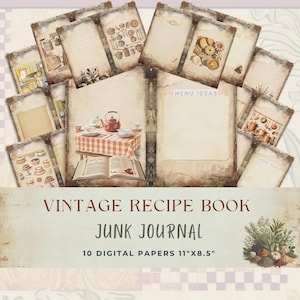 Vintage Recipe Book Junk Journal Pages, Printable Cooking Journal, Retro Kitchen Ephemera, Antique Recipe Cookbook, Digital Download