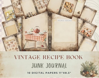 Vintage Recipe Book Junk Journal Pages, Printable Cooking Journal, Retro Kitchen Ephemera, Antique Recipe Cookbook, Digital Download