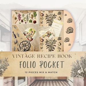 Vintage Recipe Junk Journal Folio Pocket com ervas e vegetais Ilustração Imprimível Cozinha Ephemera Receita Cartão de bolso DIY Diário Kit
