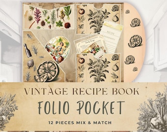 Vintage Recipe Junk Journal Folio Pocket with Herbs & Vegetables Illustration Printable Kitchen Ephemera Recipe Card Pocket DIY Journal Kit