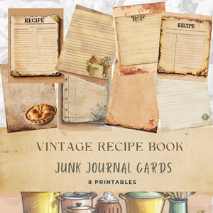Vintage receptkaarten junk journal printables, antieke receptendagboekpagina's, shabby chic keuken, ephemera, doe-het-zelf plakboek, digitale download