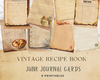 Tarjetas de recetas antiguas para imprimir en diarios basura, páginas de diarios de recetas antiguas, material efímero de cocina Shabby Chic, álbum de recortes DIY, descarga digital