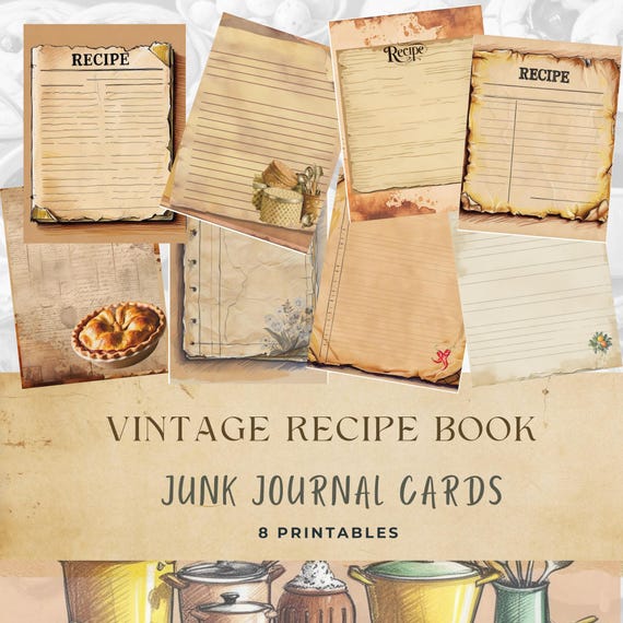 Vintage Recipe Cards Junk Journal Printables, Antique Recipe Journal Pages, Shabby Chic Kitchen Ephemera, DIY Scrapbook, Digital Download