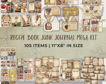 Vintage Recipe Book Junk Journal Mega Kit with 105 Printable Items, Retro Kitchen Ephemera, DIY Scrapbook Recipe Pages, 11"x8" in size