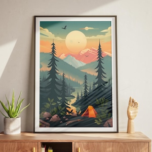 Sunset Mountain River Forest Campsite Scenery Print | Vintage Travel Poster | MidCentury Abstract Modern Nature Art Poster | Wall Art Decor