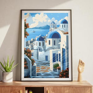 Santorini Greece | Minimalist Travel Poster Print | Landscape Greek Art | Mid Century Poster Art | City Home Decor