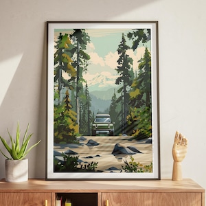 Waldgrün Rivian Forest Park Druck | Vintage Reise Poster Kunstdruck | Abstraktes modernes Natur-Auto-Kunst-Plakat | Natur-Fahrzeug-Wand-Dekor