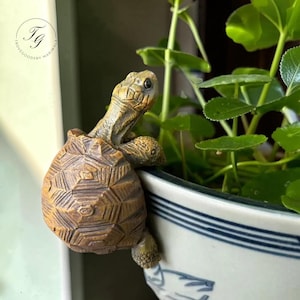 Puede incluir: Una detallada figura de tortuga de resina marrón agarrada al borde de una maceta de cerámica blanca y azul. La tortuga tiene un caparazón texturizado y rasgos faciales detallados. Se ven hojas verdes de plantas en el fondo. Un adorno decorativo para jardín.
