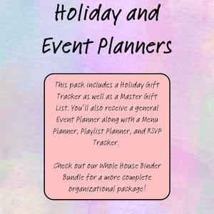 Puede incluir: Gráfico de planificador digital con el texto "Holiday and Event Planners". Un cuadro rosa contiene texto que describe las características del planificador, incluyendo un Holiday Gift Tracker, Master Gift List y Event Planner. El fondo tiene un efecto acuarela.