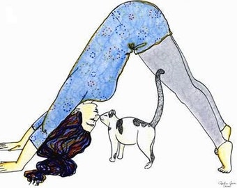 Downward Facing Kitty 8x10 Print, downward Facing dog, cat yoga, yoga with cat, cat kisses, yoga art, Asana art, yoga poses art, vinyasa