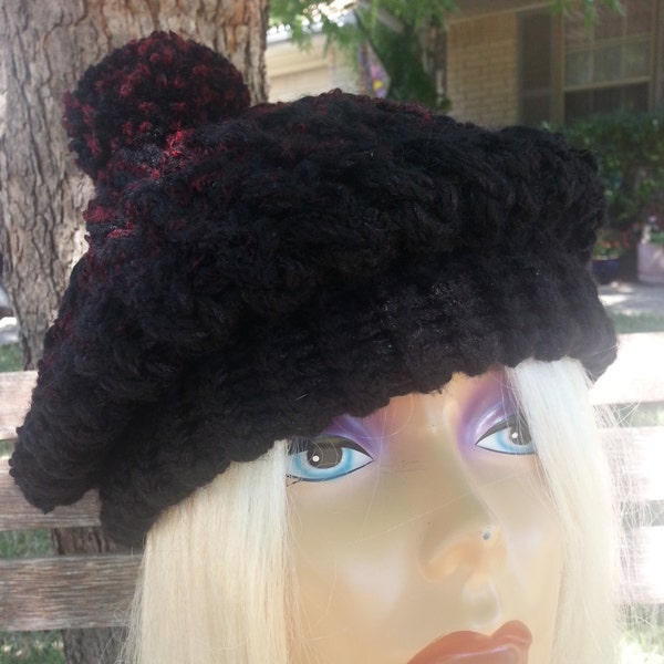 Black Red Tam, Black Red Beret Pom-pom, Black Red Pom-pom Cap, OOAK Pompom Beret, Shiny Black Ombre Red Black Beret Tam Pom-pom, Team Colors