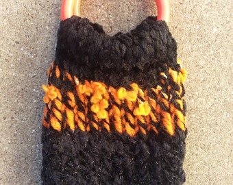 Smartphone Sweater Bangle Bag, Black Orange OOAK Handknit Cellphone Cozy, Orange Bangle Bracelet Wrist Bag, Team Color Smartphone Case