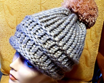 Tan Taupe Beige Pompom Hat, Browns with Sparkle Warm Winter Hat, Hoboken Honey Taupe Sparkle Ski Hat