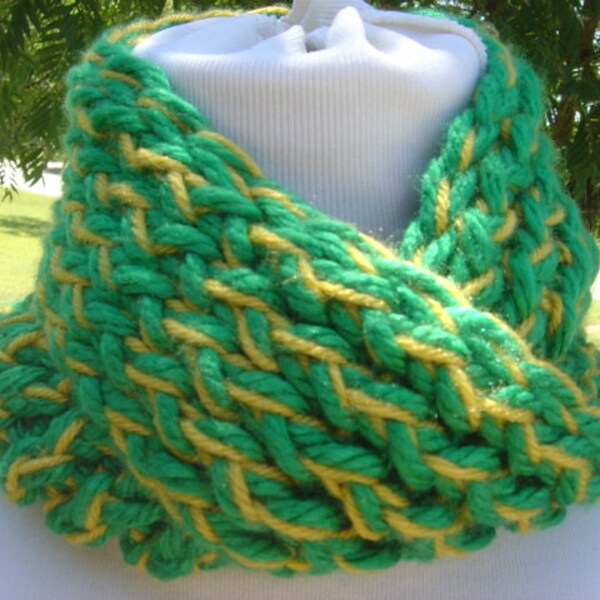 Green Bay Green Gold Circle Double Knit Scarf, OOAK Green Mustard Yellow Cowl, Soft Warm Mobius Twist Scarf, Infinity Ear Warmer Neck warmer