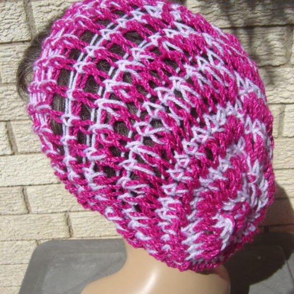 Bright Pink Fuschia White Snood or Slouch Hat  - Breast Cancer Awareness - OOAK handmade by an EtsyMom