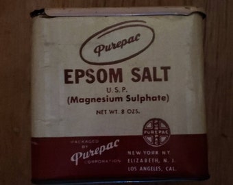 Vintage Epsom Salt U.S.P. Cardboard Tin 8 oz / Pharmacy Decor / Memorabilia Display / Purepac / Cathartic & Laxative / Magnesium Sulphate