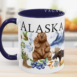 Alaska träumen Kaffeebecher | Aquarell Kunst Tee Tasse | Einweihungsparty Abenteuer Geschenk | Vergissmeinnicht, Grizzly Bär, Elch Kaffeetasse