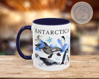 Antarctica Watercolor Coffee Mug | Penguin, Whale, Seal, Albatross Art