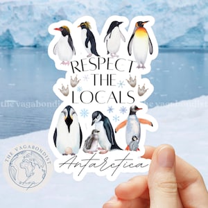 Puede incluir: Una pegatina con ilustraciones de acuarela de pingüinos, el texto "Respect the Locals" y "Antarctica". La pegatina tiene un fondo blanco y un logotipo con un diseño de globo.