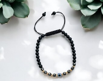 Handmade Hematite Onyx Bracelet, Evil Eye Protection, Stainless Steel Beads