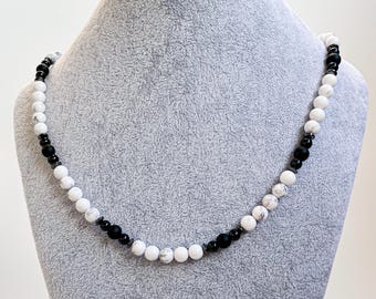 Men's Howlite Necklace, Black Onyx, Hematite Beaded Necklace