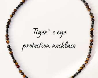 Tiger Eye Beaded Necklace, Matte Onyx, Hematite, Men's Protection Jewelry