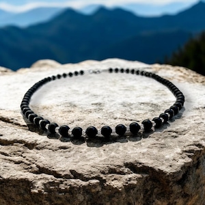 Black Onyx Gemstone Mens Necklace with 316L Stainless Steel Beads, Mens Necklace, Natural Gemstone Mens Beaded Necklace