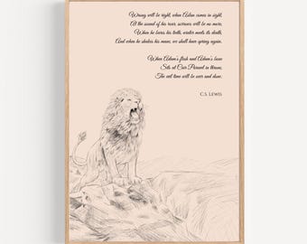Cartaz de Aslan e citação da profecia das Crônicas de Nárnia de CS Lewis: O Leão, a Feiticeira, Nárnia - Livro Filme Presente