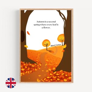 Plakat z cytatem Alberta Camusa w języku angielskim, z jesiennym wystrojem