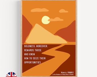 Póster literario con cita de Marcel Proust en inglés con un atardecer