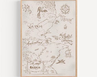 Pôster do mapa de Nárnia inspirado nos livros As Crônicas de Nárnia de Pauline Baynes e C.S. Lewis, um presente perfeito para fãs dos livros e filmes de Nárnia.