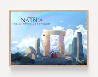 Pôster de Nárnia Aslan e a paisagem da mesa de pedra do mundo de Nárnia por CS Lewis, presente de arte de parede para amantes de livros e filmes