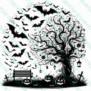 Halloween Tree Svg, Tree Design Dxf, Tree Design With Halloween By Print, Gift For Design Lover, Halloween Tree Dxf, Halloween Tree Design