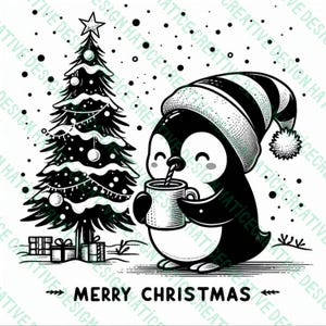Pinguino di Natale Svg, Pinguino che beve caffè Svg, Silhouette di pinguino, Design natalizio Dxf, Download immediato, Regalo di Natale, Png di Natale