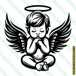 May include: Black and white illustration of a baby angel with wings and a halo. The angel is sitting with its hands clasped in prayer.