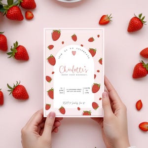 Personalized Strawberry-Themed First Birthday Invitation - Canva Model