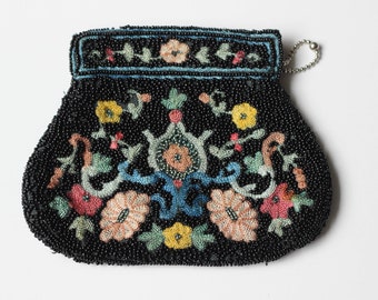 Handmade, Black Beaded Crewel Handbag from the 1950s