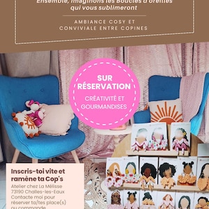 May include: An advertisement for an earring workshop. The image features a blue armchair, decorative pillows, and a display of handmade earrings. Text includes workshop details and the Etsy shop URL.