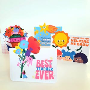 Set of 4 Cut-out Teacher Thank You Cards – Fun & Colorful Appreciation Set – End of Year Gifts