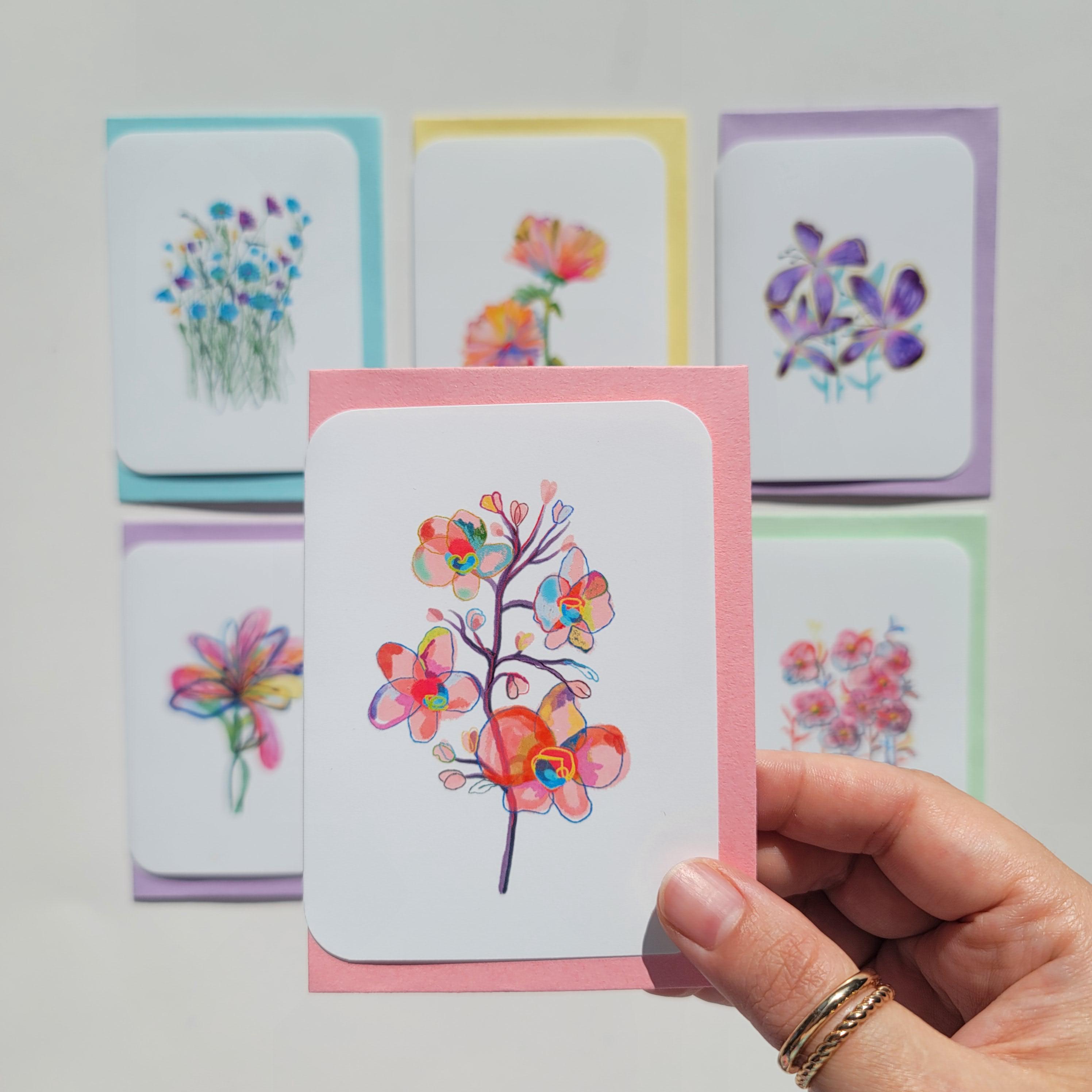 Set of 6 Handmade Floral Note Cards Set, Vibrant Hand-Drawn Flower Art, Blank Inside, with Envelopes, Thank You or All Occasion Stationery