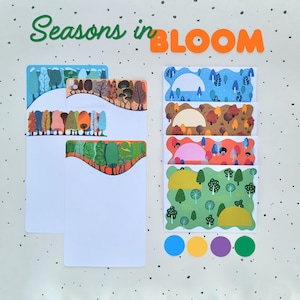 May include: White stationery with colourful tree-themed designs. The image features the text "Seasons in BLOOM" in green and orange. Includes blue, yellow, purple, and green circular stickers. The stationery has various tree illustrations.