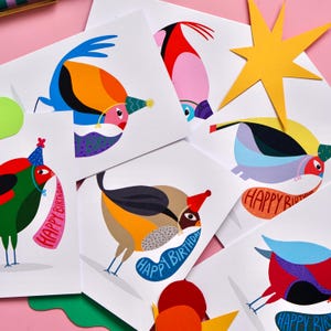 Colorful Handmade Bird Birthday Card Set of 6, Modern Animal Greeting, Fun Birthday Pack